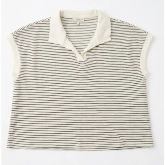 Atelier Tops - Atelier kirious womens xl boxy polo shirt cream black stripe cotton stretch